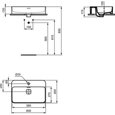 Ideal Standard Strada II opbouwwastafel m. geglazuurde achterwand 1 kraangat met overloop 60x40cm wit