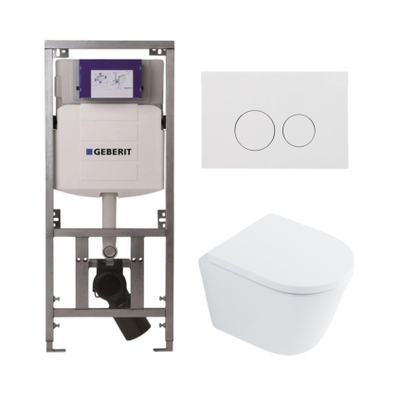 QeramiQ Dely Toiletset - 36.3x51.7cm - diepspoel - rimless - Geberit UP320 Burda inbouwreservoir - softclose toilet zitting 35 mm - glans witte bedieningsplaat - ronde knoppen - wit glans