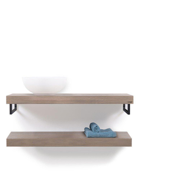 Looox Wood collection Duo wandplanken 100x46cm - 2 stuks - Met handdoekhouders zwart mat - massief eiken Old grey