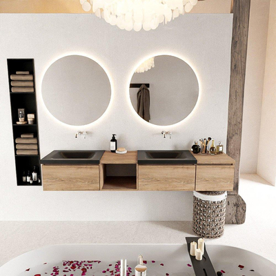 MONDIAZ BUKLA 200cm badmeubel met open module 40 links kleur Washed Oak met 3 lades. Wastafel CLOUD dubbel 0 kraangaten kleur Urban.