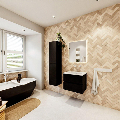 MONDIAZ VICA 60cm badmeubel onderkast Urban 2 lades. Wastafel DENIA midden 1 kraangat, kleur Glanzend Wit.