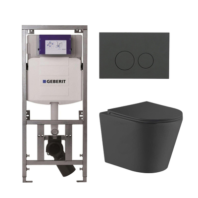 QeramiQ Dely Toiletset - 36.3x51.7cm - diepspoel - rimless - Geberit UP320 Burda inbouwreservoir - softclose toiletzitting - bedieningsplaat mat antraciet - ronde knoppen - zwart mat