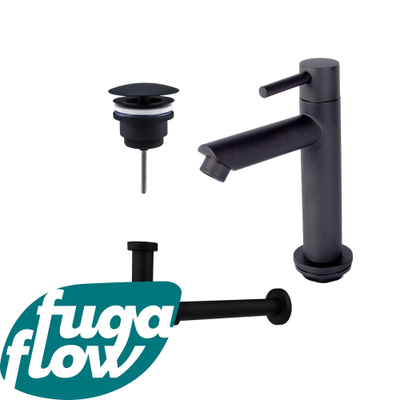 FugaFlow Eccelente Sobrado Badkamer fonteinkraanset met staande fonteinkraan laag, always open plug en design sifon Mat Zwart
