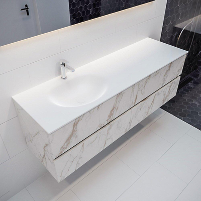 MONDIAZ VICA Badkamermeubelset - 150cm - 4 lades - wasbak Moon links - 1 kraangat - solid surface carrara marmer