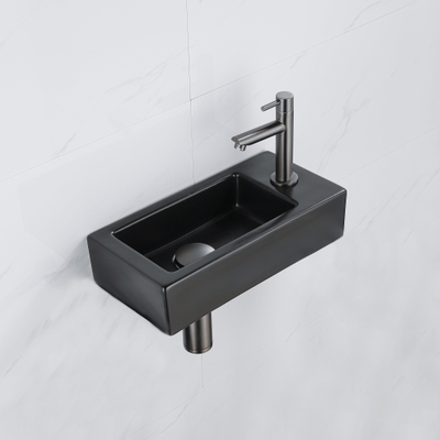 QeramiQ Fuente Fonteinset - 37.5x18.5x9cm - keramiek - kraangat rechts - fonteinkraan gunmetal - afvoerplug - verlaagd sifon - Mat Zwart