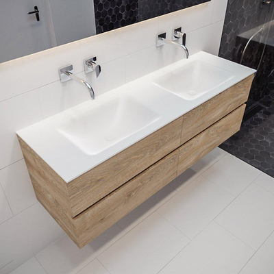 MONDIAZ VICA Badkamermeubelset - 150cm - 4 lades - wasbak Cloud dubbel - 0 kraangaten - solid surface washed oak