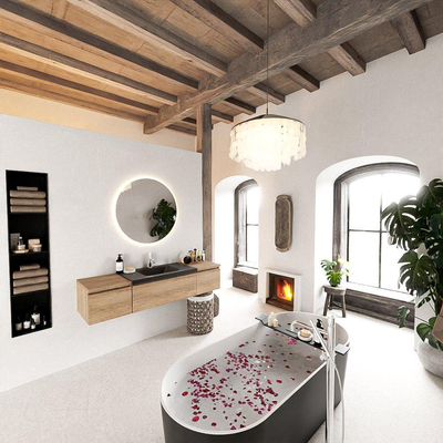 MONDIAZ BUKLA 160cm badmeubel met module 40 kleur Washed Oak met 3 lades. Wastafel CLOUD midden 1 kraangat kleur Urban.