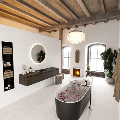 MONDIAZ BUKLA 180cm badmeubel met module 60 kleur Dark Brown met 3 lades. Wastafel CLOUD midden 0 kraangaten kleur Urban.