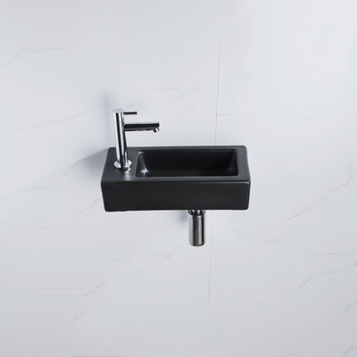 QeramiQ Fuente Fonteinset - 37.5x18.5x9cm - keramiek - kraangat links - fonteinkraan chroom - afvoerplug - verlaagd sifon - Mat Zwart