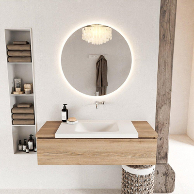 Mondiaz BUKLA Badkamermeubelset - 120x45x34cm - 0 kraangaten - wasbak midden - solid surface - Talc - greeploos - 1 lade - Melamine - Washed Oak