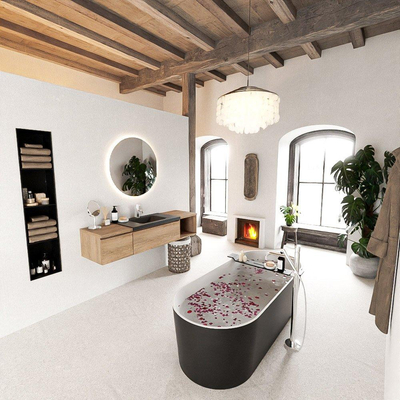 MONDIAZ BUKLA 160cm badmeubel met open module 40 rechts kleur Washed Oak met 2 lades. Wastafel CLOUD midden 1 kraangat kleur Urban.