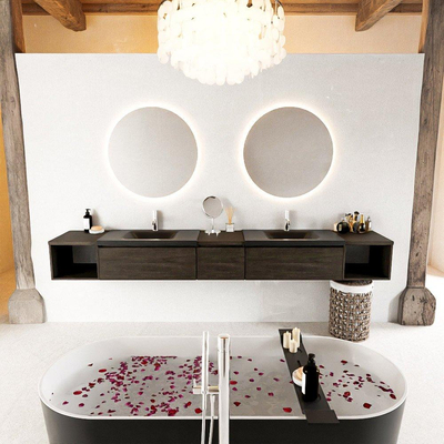 MONDIAZ BUKLA 280cm badmeubel met open module 40 L+R kleur Dark Brown met 3 lades. Wastafel CLOUD dubbel 2 kraangaten kleur Urban.