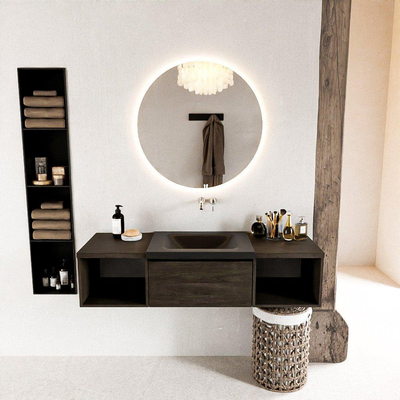 MONDIAZ BUKLA 140cm badmeubel met open module 40 L+R kleur Dark Brown met 1 lade. Wastafel CLOUD midden 0 kraangaten kleur Urban.