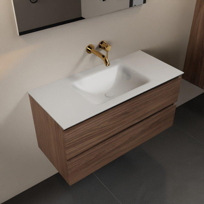 Mondiaz Aivy badmeubelset - 100x45x50cm - 0 kraangaten - 1 wasbak talc Solid surface - Midden - 2 lades - Met spiegel - Melamine Mocha