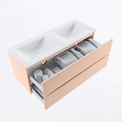 MONDIAZ VICA Badkamermeubelset - 120cm - onderkast rosee- 2 lades - wastafel cloud dubbel - zonder kraangaten - 60cm hoge versie - talc