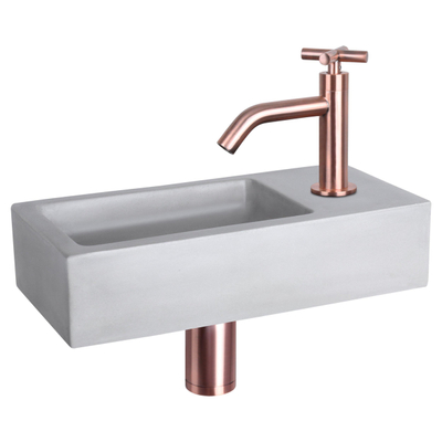 Differnz Ravo fonteinset - 38.5x18.5x9cm - Rechthoek - 1 kraangat - Gebogen koperen kraan - kruisgreep - Beton Grijs