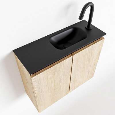 MONDIAZ TURE Fonteinset - 60x23x50cm - 1 kraangat - 2 deuren - washed oak mat - Wasbak rechts - Solid Surface Zwart