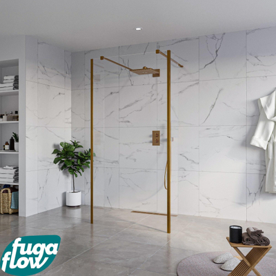 FugaFlow Eccelente Vetro Vrijstaande inloopdouche badkamer - 100x200cm - Helder - antikalk - 8mm veiligheidsglas - 2 zijwanden 40cm - met wandarmen en hoekprofielen - Koper geborsteld -