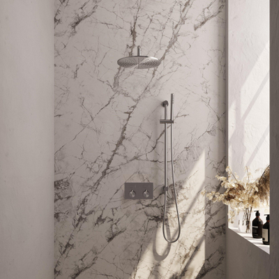 BRAUER Brushed Edition Thermostatische Regendouche inbouw - drukknoppen - SET 64 - 30cm hoofddouche - gebogen muurarm - staaf handdouche - doucheslang - geïntegreerde glijstang - RVS geborsteld PVD