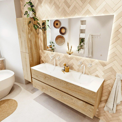 MONDIAZ VICA 150cm badmeubel onderkast Washed Oak 2 lades. Wastafel CLOUD dubbel 2 kraangaten, kleur Talc.