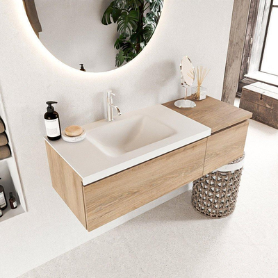 Mondiaz BUKLA Badkamermeubelset - 120x45x34cm - 1 kraangat - wasbak links - solid surface - Talc - greeploos - 2 lades - Melamine - Washed Oak