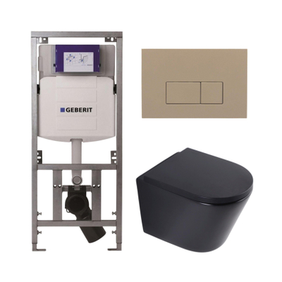 QeramiQ Dely Toiletset - 36.3x51.7cm - diepspoel - rimless - Geberit UP320 inbouwreservoir - softclose toilet zitting 35 mm - bedieningsplaat taupe - rechthoekige knoppen - mat zwart