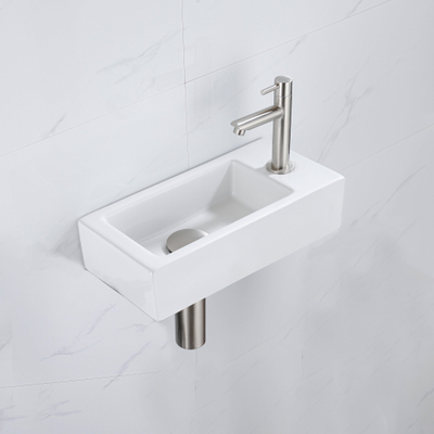 QeramiQ Fuente Fonteinset - 37.5x18.5x9cm - keramiek - kraangat rechts - fonteinkraan geborsteld RVS - afvoerplug - verlaagd sifon - Mat wit