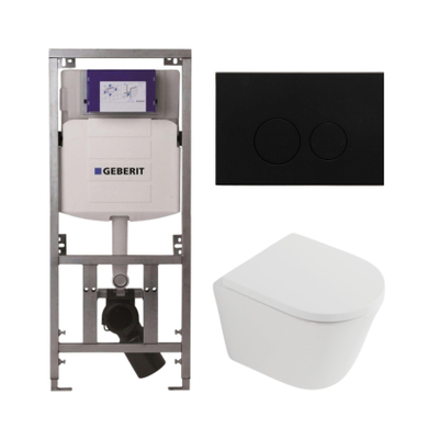 QeramiQ Dely Toiletset - 36.3x51.7cm - diepspoel - rimless - Geberit UP320 inbouwreservoir - softclose toilet zitting 35 mm - metaal mat zwarte bedieningsplaat - ronde knoppen - mat wit