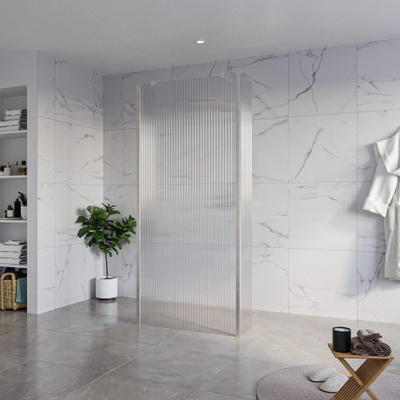 FugaFlow Eccelente Vetro Vrijstaande inloopdouche badkamer - 90x200cm - Helder geribbeld - antikalk - 8mm veiligheidsglas - 2 zijwanden 30cm - met wandarmen en hoekprofielen - RVS geborsteld -