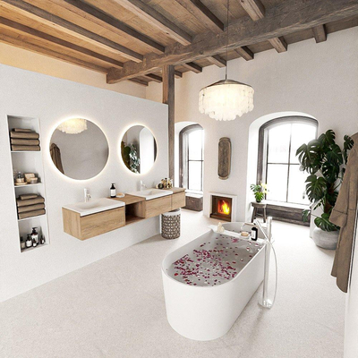 MONDIAZ BUKLA 200cm badmeubel met open module 40 links kleur Washed Oak met 3 lades. Wastafel CLOUD dubbel 2 kraangaten kleur Talc.