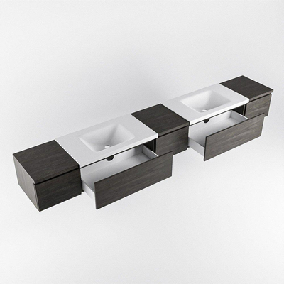 MONDIAZ BUKLA 280cm badmeubel met module 40 kleur Dark Brown met 5 lades. Wastafel CLOUD dubbel 2 kraangaten kleur Talc.