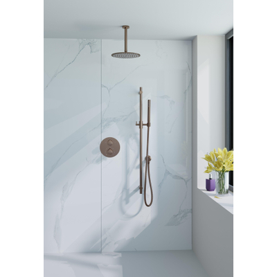 Fortifura Calvi Inbouw Regendoucheset - rond - thermostatisch - plafondarm - glijstang - 25cm hoofddouche - staaf handdouche - Geborsteld koper PVD (Koper)