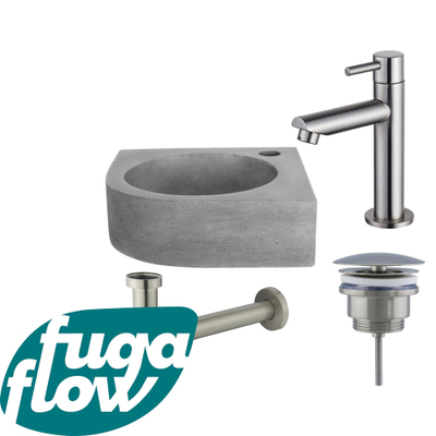 FugaFlow Eccelente Arredo fonteinset - 31.5x31.5x10cm - 1 kraangat - hoek - fonteinkraan RVS geborsteld - beton -