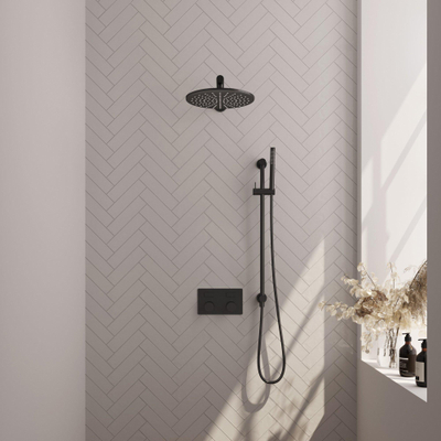 BRAUER Black Carving Thermostatische Regendouche inbouw - drukknoppen - SET 62 - 30cm hoofddouche - rechte muurarm - staaf handdouche - doucheslang - geïntegreerde glijstang - zwart mat