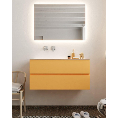 MONDIAZ VICA Badkamermeubelset - 100cm - 2 lades - wasbak Moon links - 0 kraangaten - solid surface ocher