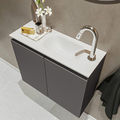 MONDIAZ TURE Fonteinset - 60x23x50cm - 1 kraangat - 2 deuren - darkgrey mat - Wasbak rechts - Solid Surface Wit