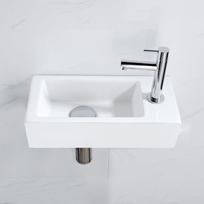 QeramiQ Fuente Fonteinset - 37.5x18.5x9cm - keramiek - kraangat rechts - fonteinkraan chroom - afvoerplug - verlaagd sifon - Mat wit