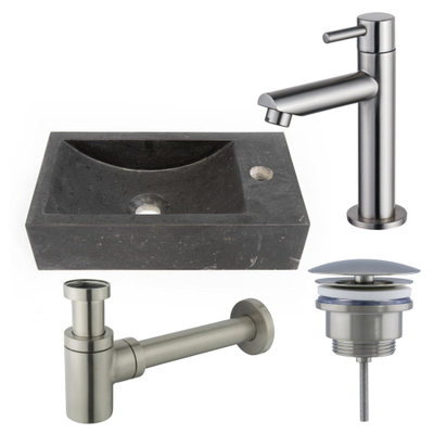 Fortifura Fuente fonteinset - 40x22 - 1 kraangat - rechts - natuursteen - fonteinkraan Geborsteld RVS PVD (RVS) - donker