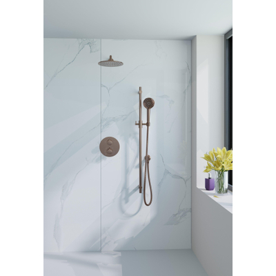 Fortifura Calvi Inbouw Regendoucheset - rond - thermostatisch - wandarm - glijstang - 25cm hoofddouche - ronde handdouche - Geborsteld koper PVD (Koper)