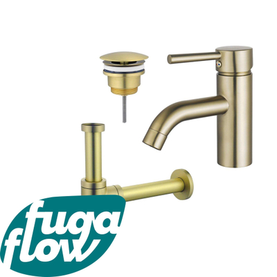 FugaFlow Eccelente Sobrado Badkamer Wastafelkraanset - lage wastafelkraan - always open plug - design sifon - PVD Geborsteld Messing