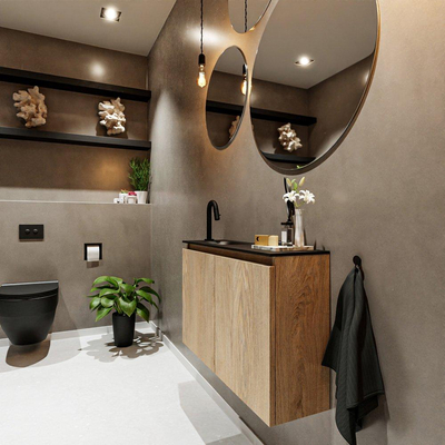 MONDIAZ TURE Fonteinset - 80x23x50cm - 1 kraangat - 2 deuren - washed oak mat - Wasbak links - Solid Surface Zwart