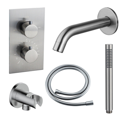 Fortifura Calvi Badkraan set - uitloop - 22cm inkortbaar - gladde slang - staafhanddouche - inbouwdeel - wandhouder - geborsteld RVS PVD