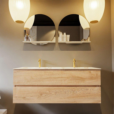 MONDIAZ VICA-DLUX Badkamermeubelset - 130cm - onderkast washed oak - 2 lades - inbouw wastafel cloud dubbel - 2 kraangaten - 60cm hoge versie - frape