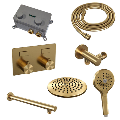 BRAUER Gold Edition Thermostatische Regendouche inbouw - drukknoppen - SET 55 - 20cm hoofddouche - rechte muurarm - 3 standen handdouche - doucheslang - wandaansluitbocht - goud geborsteld PVD