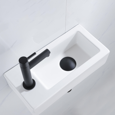 QeramiQ Fuente Fonteinset - 37.5x18.5x9cm - keramiek - kraangat links - fonteinkraan zwart mat - afvoerplug - verlaagd sifon - Mat wit