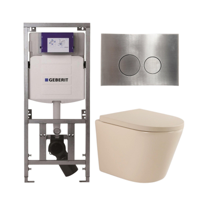 QeramiQ Dely Toiletset - 36.3x51.7cm - diepspoel - rimless - Geberit UP320 inbouwreservoir - softclose toilet zitting 35 mm - steel bedieningsplaat - ronde knoppen - mat beige