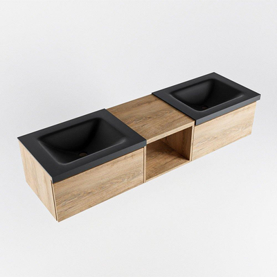 MONDIAZ BUKLA 160cm badmeubel met open module 40 kleur Washed Oak met 2 lades. Wastafel CLOUD dubbel 0 kraangaten kleur Urban.