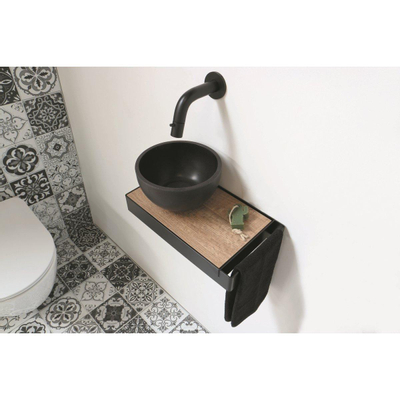 Ink Jazz XS toiletmeubel frame Zwart plateau Naturel Eiken waskom links Quartz 20cm zwart