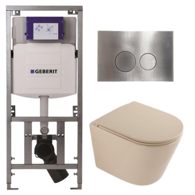 QeramiQ Dely Toiletset - 36.3x51.7cm - diepspoel - rimless - Geberit UP320 inbouwreservoir - softclose toilet zitting - steel bedieningsplaat - ronde knoppen - mat beige