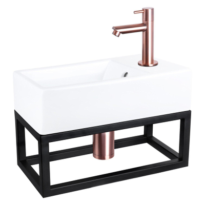 Differnz Force fonteinset - 40x22x11.5cm - Rechthoek - 1 kraangat - Recht rose koper kraan - met zwart frame - Keramiek Wit